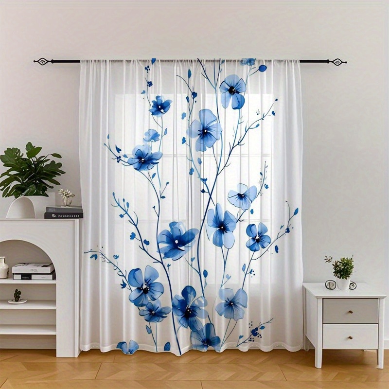 TEMU 2pcs Of Blue Floral Sheer Curtains, Suitable For Decorating , , Living Rooms, Bedrooms, And Doors
