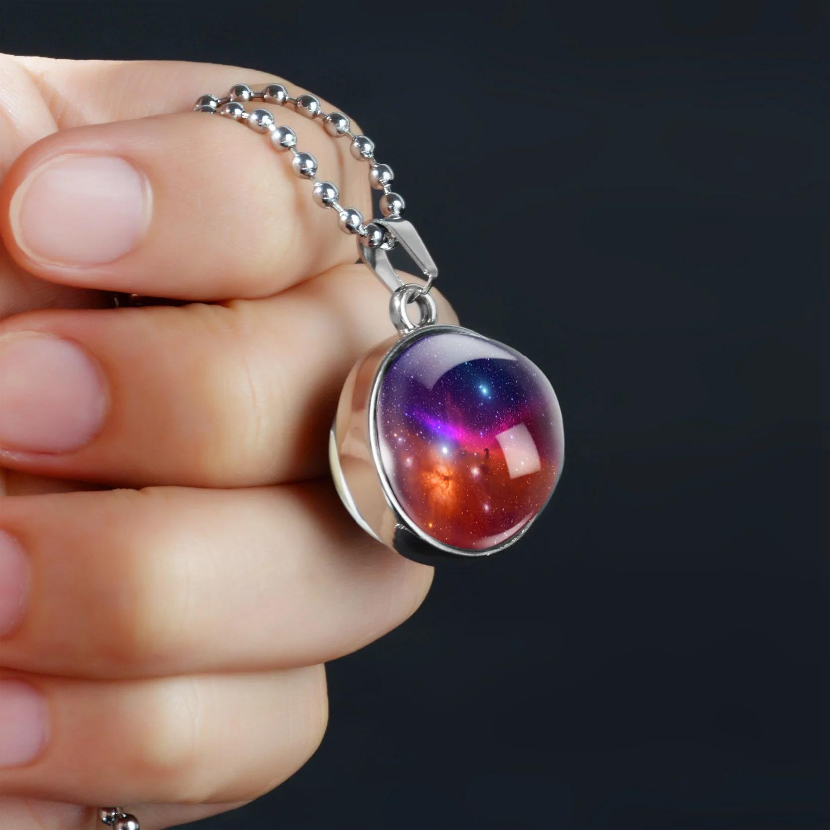 Double-Sided Galaxy Star Cabochon Glass Pendant Necklace
