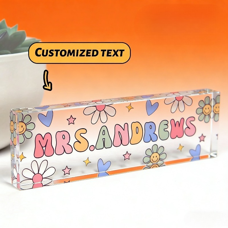 TEMU Custom 1pc Personalized Teacher Name Tag - Tailored Name/text, Vibrant Floral & Featuring Mrs./ms./dr. - Transparent Acrylic Desk Name Plate For