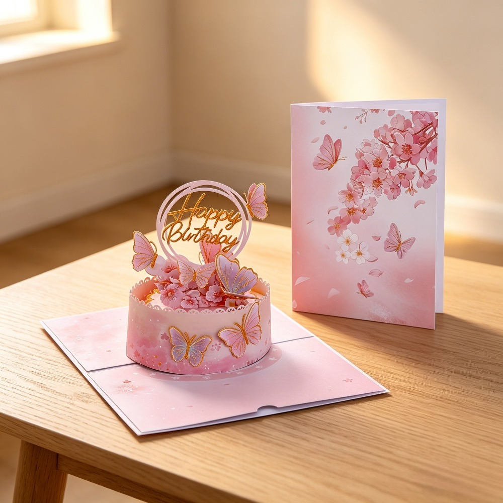Image of 3d Happy Birthday Cake Pop-up Card, Sakura And Design, Elegant Pink Floral Card For Women, Perfect For Birthday And
