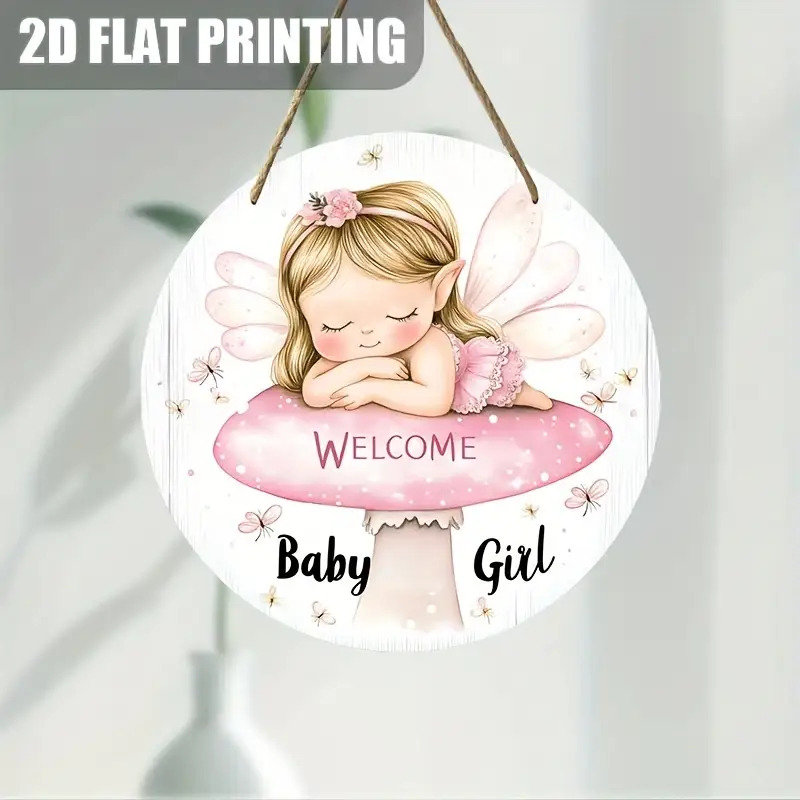TEMU 2d Flat - A 2d Wooden Printed Welcome Sign For A Vintage Baby Girl, Made Of Artificial Wood, Featuring A Flower Fairy Design In A Rustic Style,