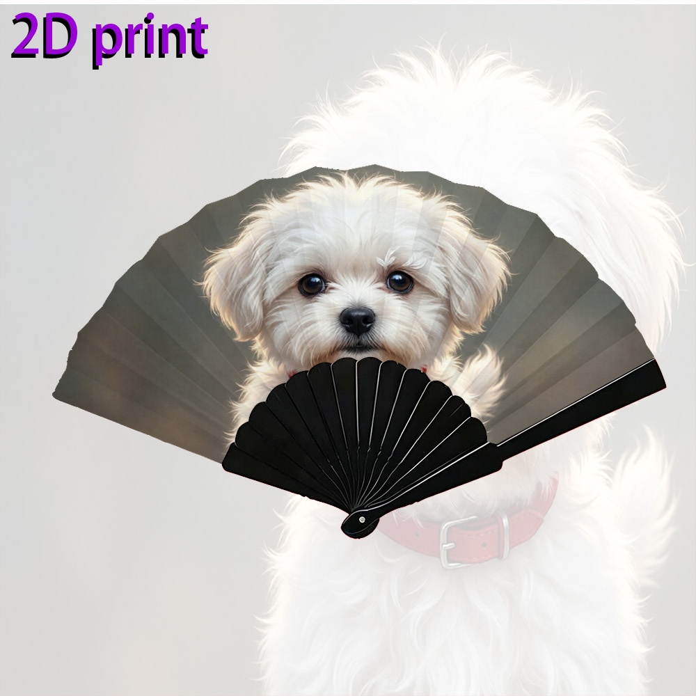 TEMU 2d Flat - Handheld Folding Fan With 2d Cute White Puppy Print, Portable Manual Outdoor Cooling Fan, Suitable For Wedding Guests, Festival