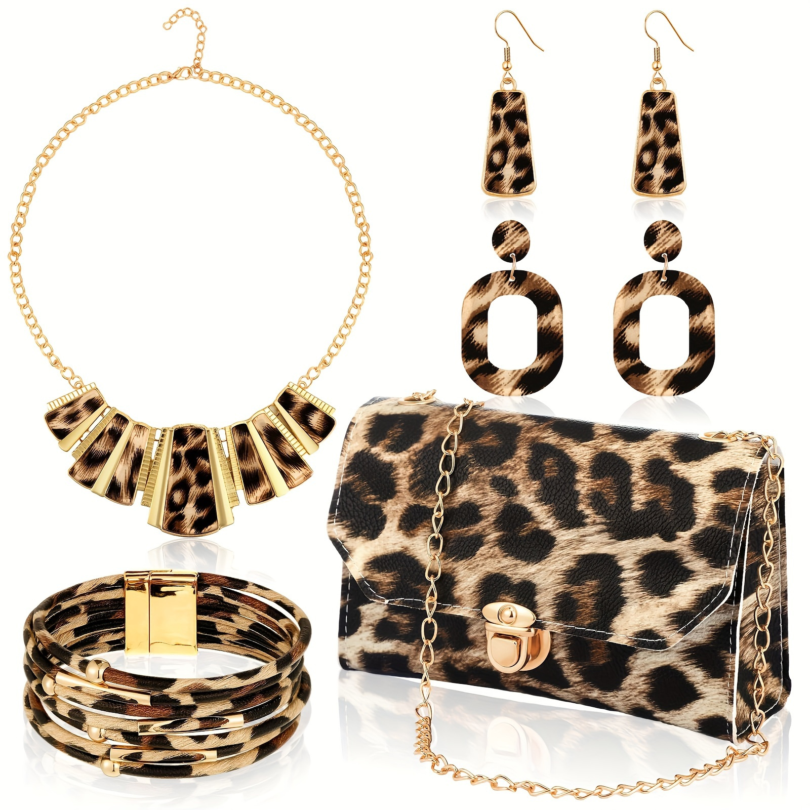 TEMU 5pcs Women Leopard Jewelry Set Statement Leopard Clutch Purse Earring Leather Wrap Bracelets Tassel Pendant Necklace