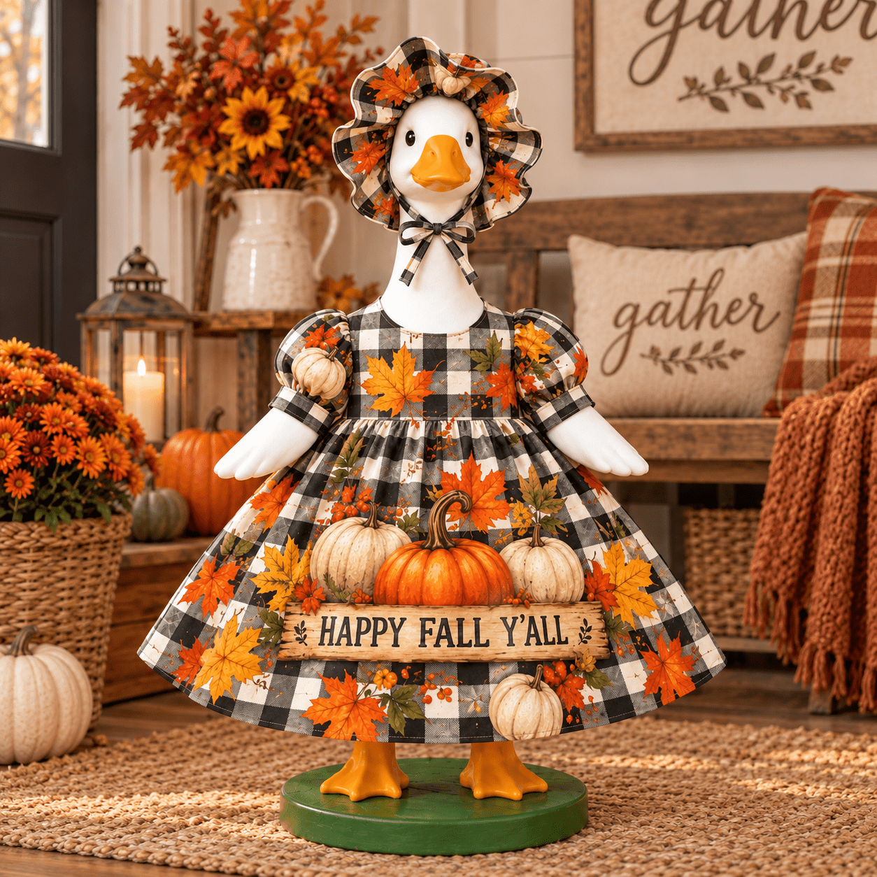 TEMU 2pcs Fall Autumn Pumpkin Maple Leaf Print Goose Outfit 1 Dress And 1 Hat 2d Printed Thanksgiving Farmhouse Rustic Harvest Cute Costume Fits 23