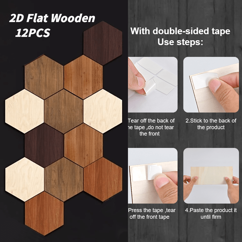 TEMU 2d Flat, 4/8/12pcs, Four-color Hexagonal Wooden Board Wall Decoration With Double-sided Tape, You Can Match Different Effects Yourself, Wall