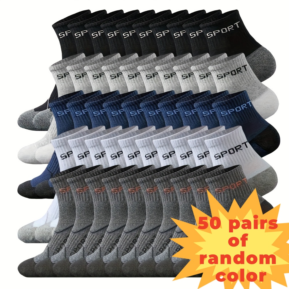 TEMU 50 Pairs, Random Colors, Fixed Pattern Men's Breathable Moisture-absorbing Sports Socks - Reinforced Heel And Toe, Suitable For , Running And