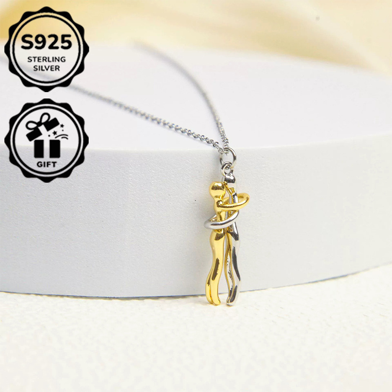 S925 Silvery Golden And Silvery Couple Hugging Pendant Necklace Jewelry Pendant Romantic And Elegant Versatile Fashion Jewelry Gift For Girlfriend's Valentine's Day Birthday