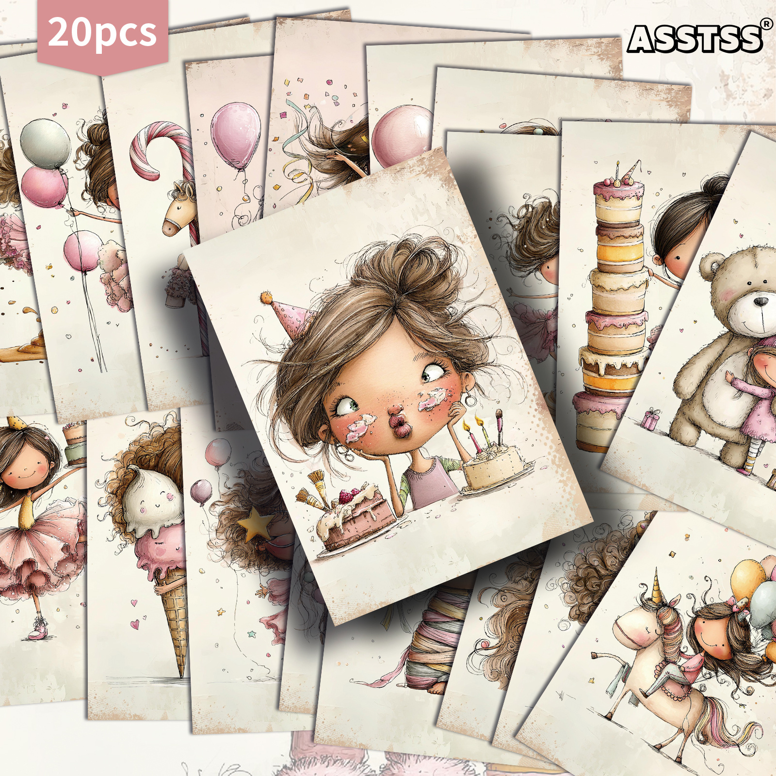 E-shop 20er-Pack ASSTSS Retro Pastell-Mädchen-Party kompatibel für Scrapbooking & Basteln - Vintage -Karten in Pastellfarben, 4x6 Junk-Journal-Papiere,