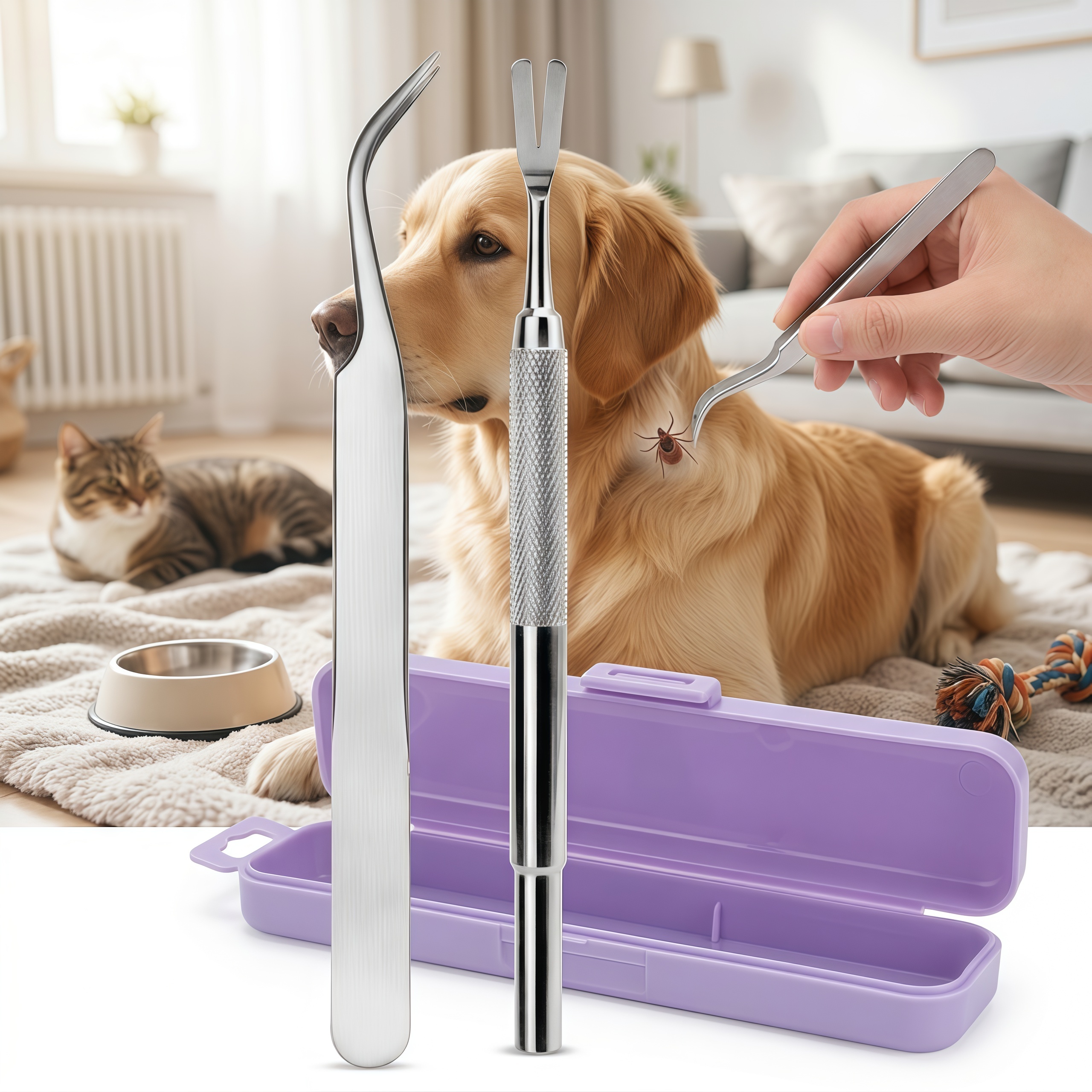3pcs storage box and tweezers and fork tick removal   for removing fleas and   suitable for home and outdoor travel suitable for dogs cats and small pets pet grooming kit long and short hair care products