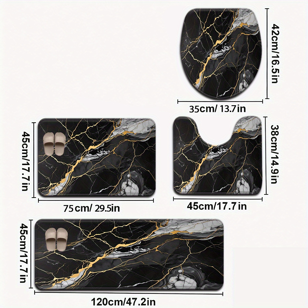TEMU Jt 3pcs/4pcs Black Marble Pattern Bathroom Mat Set, Toilet Lid Cover And Rug With U-shaped Foot Pad For Decor