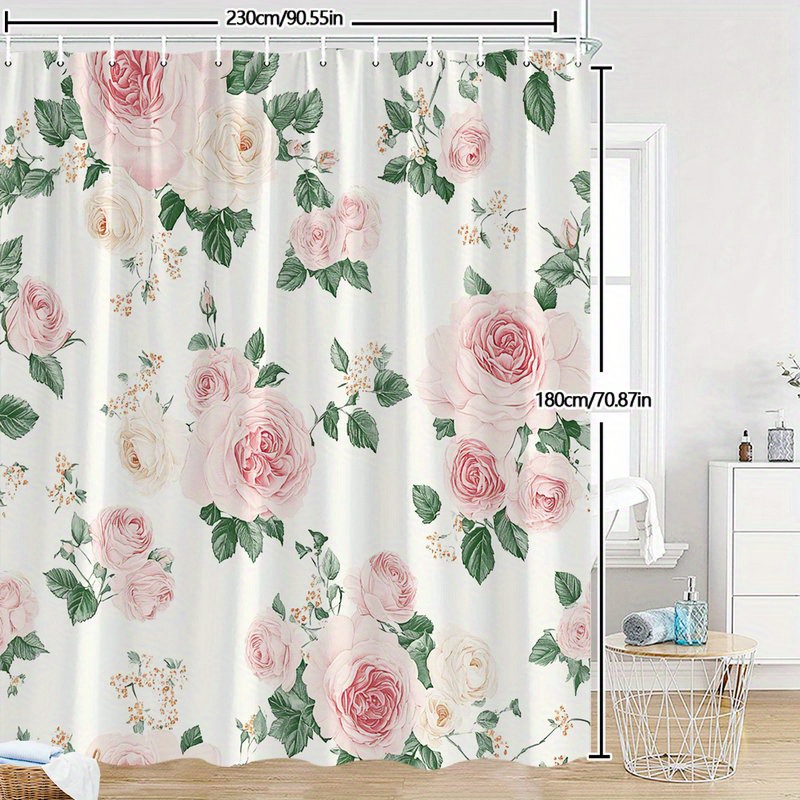 TEMU 1pc Vintage Roses And Berries Shower Curtain - Large Pink Cream Roses, Green Leaves & Orange-white Berries On Background, Durable Polyester