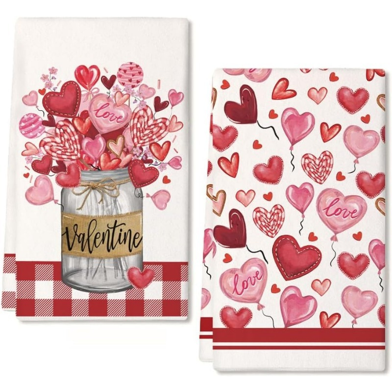 

2-pack Valentine's Day Kitchen Towels, 18x26 Inch, Super Soft Polyester, Modern Cartoon Heart & , Machine Washable, Woven Oblong Dish Towels For Holiday, Anniversary, Wedding Decor