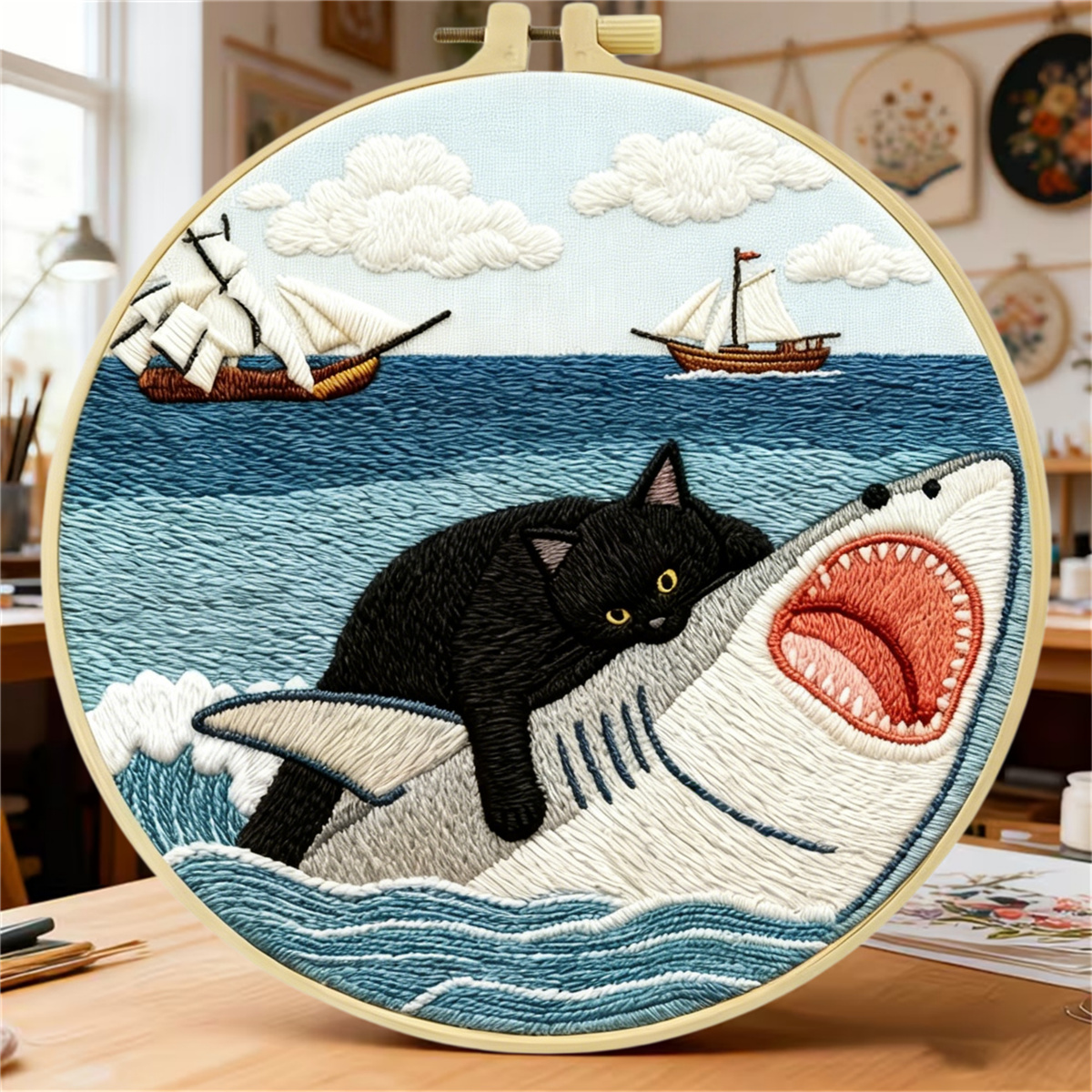 TEMU 1 Set de Kit de Bordado, Diseño de de Gato Cazando Tiburón, Kit de Bordado a para Adultos y Principiantes, Estilo Europeo, 3D - Instrucciones