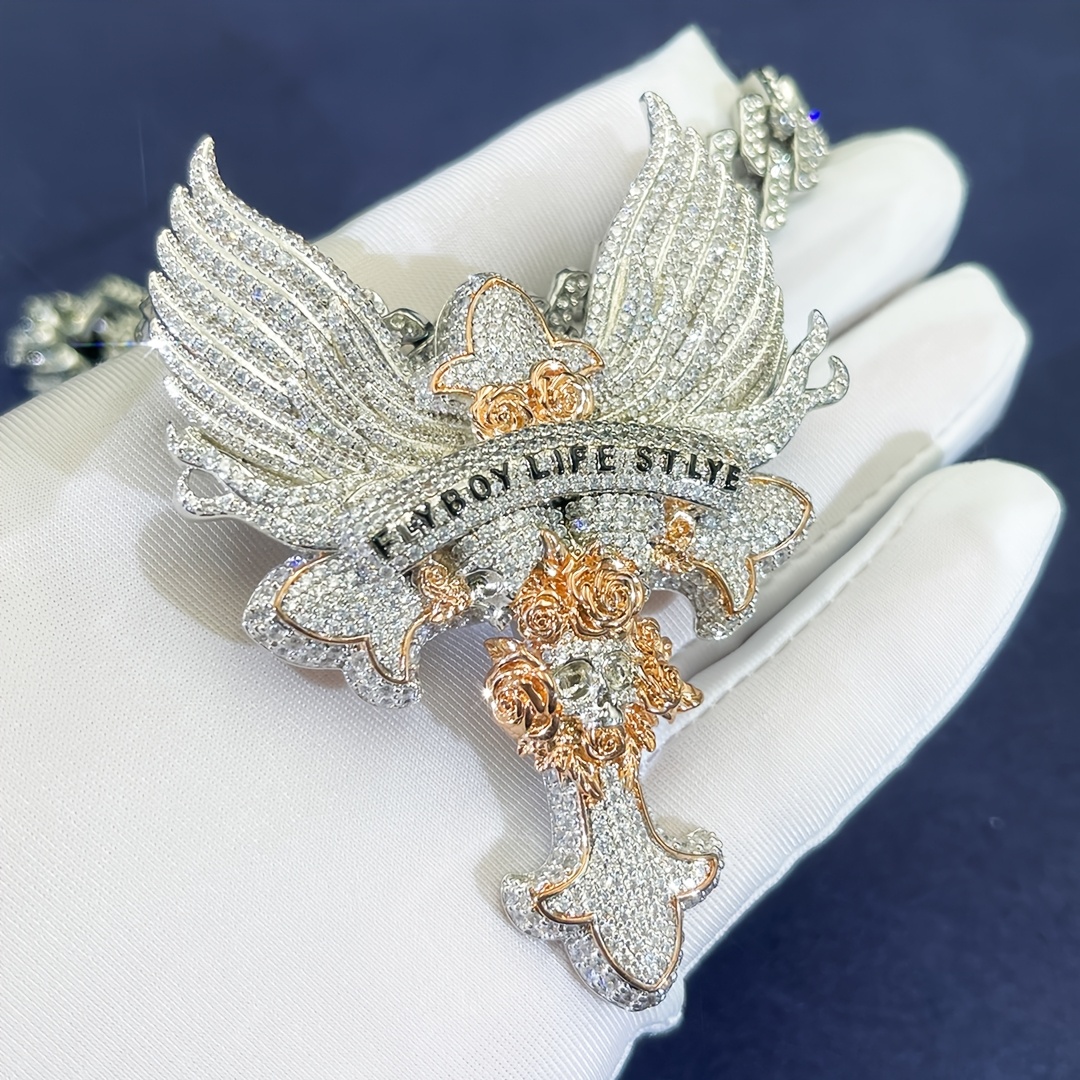 Men'S Character Flyboy Lifestyle Letter Wings Rose Pendant, S925 925 Silvery Hop Pendant Bling Luxury Jewelry, Iced Out Streetwear Additions, Him, Holiday Birthday, Perfectly Complements Cuban Chain