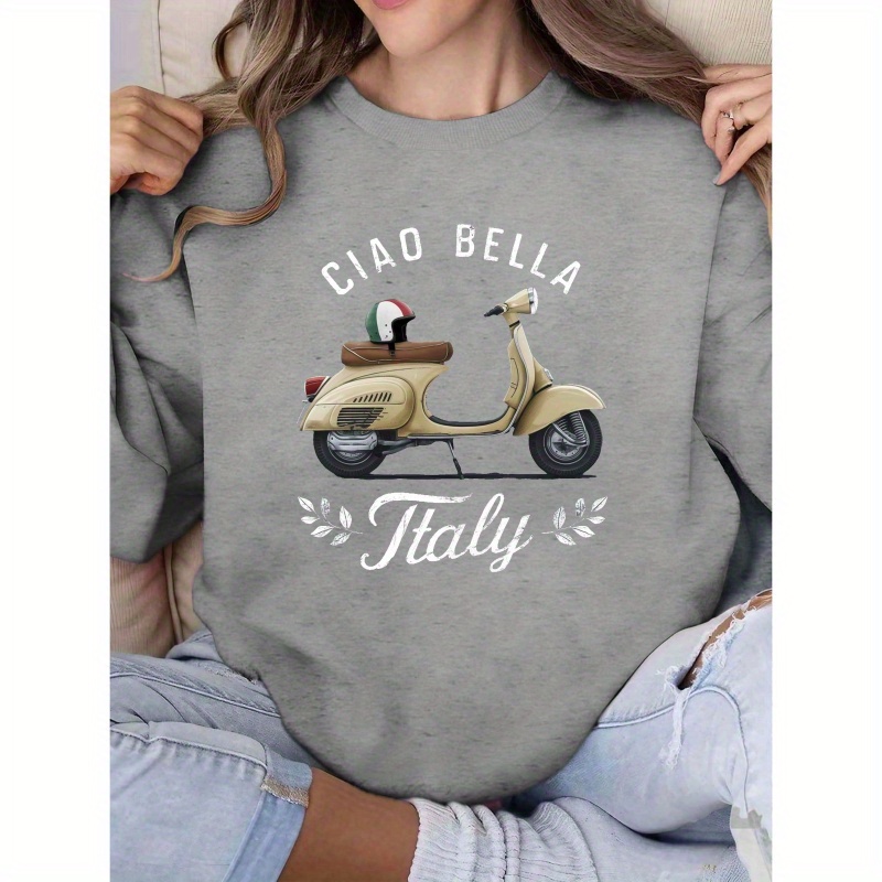 

1pc Women's Casual Crew Neck Sweatshirt With Bella Italy Scooter , Geometric Pattern Knit Polyester, Fall/ Top