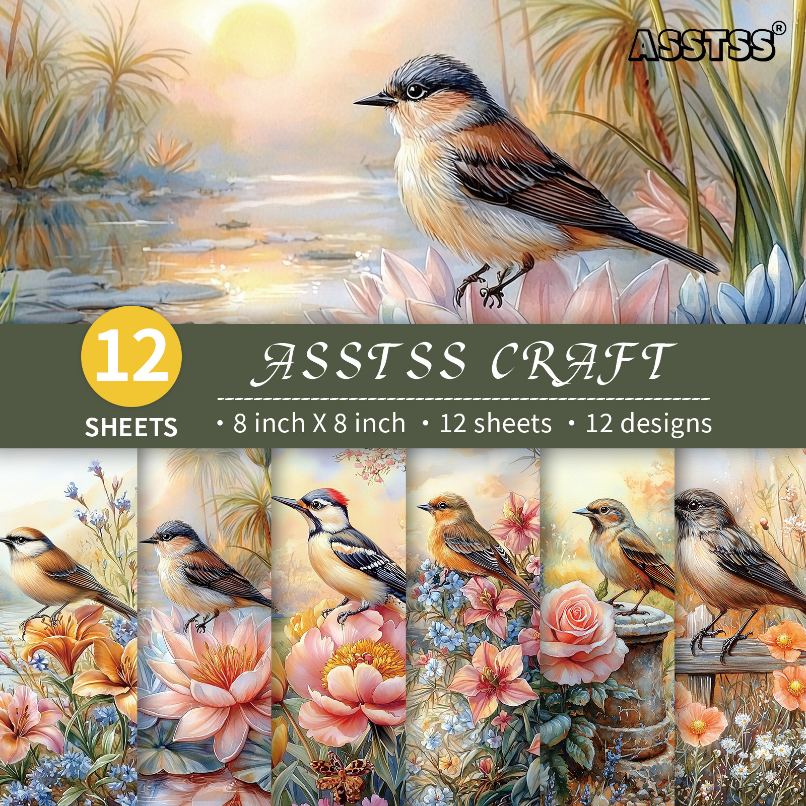 TEMU 8x8-inch Scrapbooking Paper Pad With 12 Sheets Featuring A Realistic Design Of Birds And Flowers, Journaling, Collage Art, Greeting Cards, And