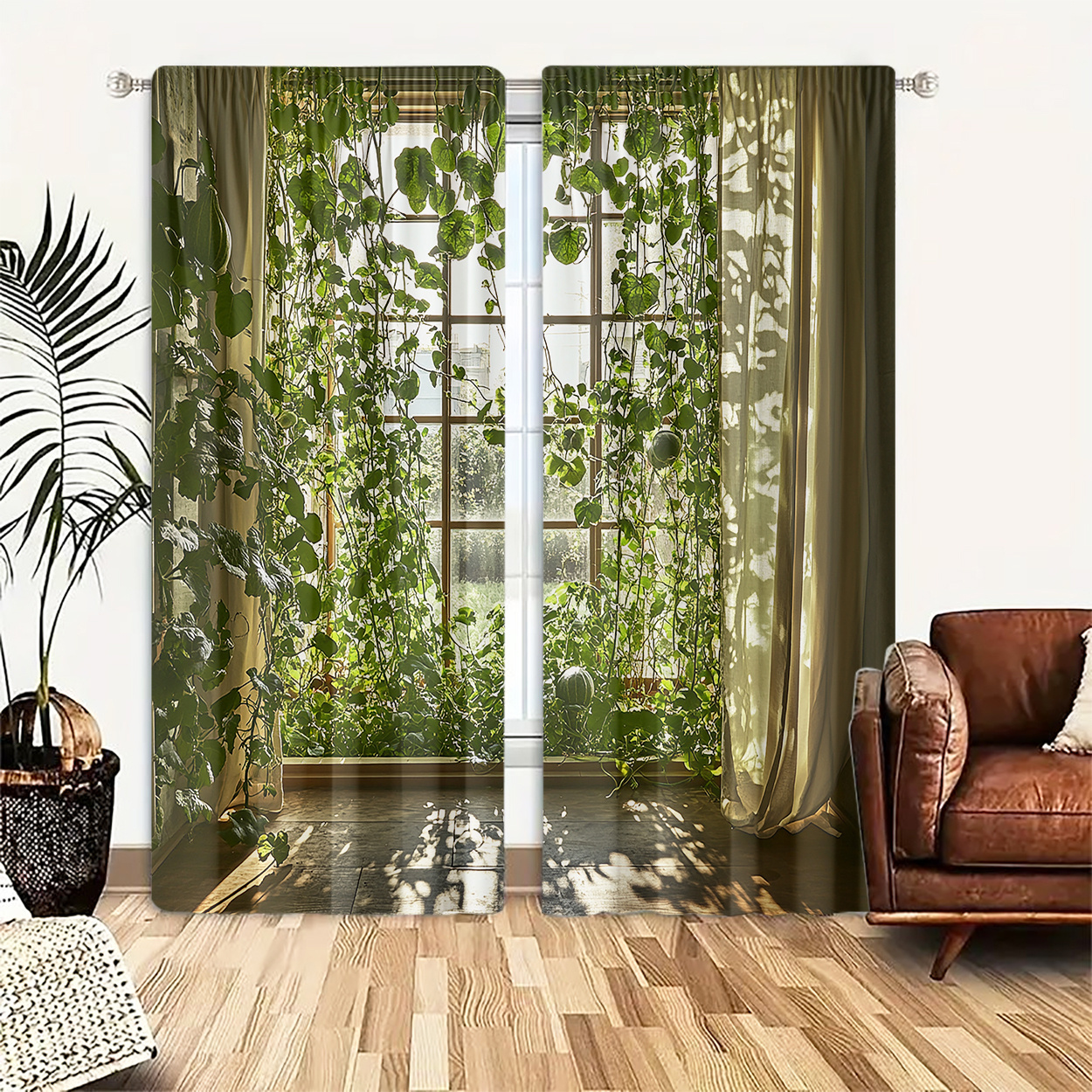 

2pcs Set: Hd Plant Pattern Light Filtering Curtains - Rod For Easy Hanging, Bedroom, Living Room, Office & Home Decor, Polyester Material, Window