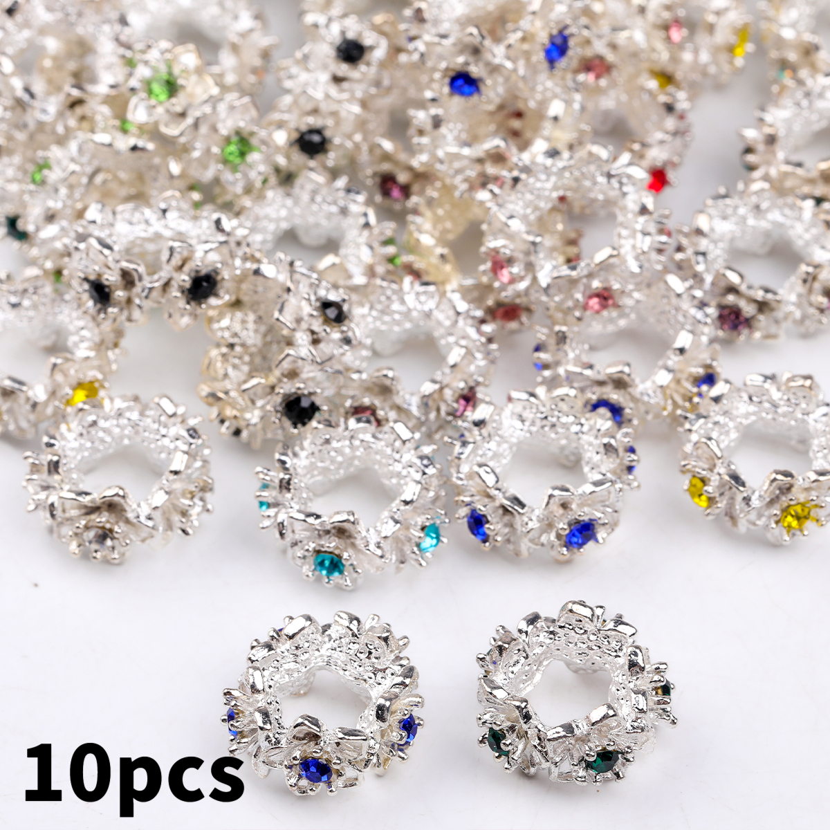 TEMU 2d Flat - 10pcs Random Colors Fashion Silvery Rhinestone Mixed Flower Large-hole Flat Round Alloy Loose Spacer Beads For Jewelry Making Charms