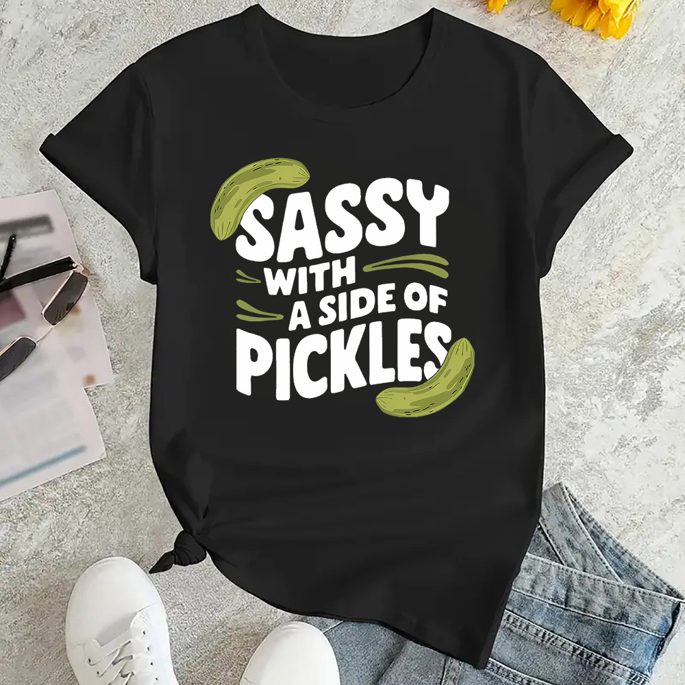 

1pc Women's Casual Crew Neck T-shirt With "sassy With A Side Of Pickles" Graphic, Polyester Knit Fabric, Medium Stretch, Geometric Pattern, Fit