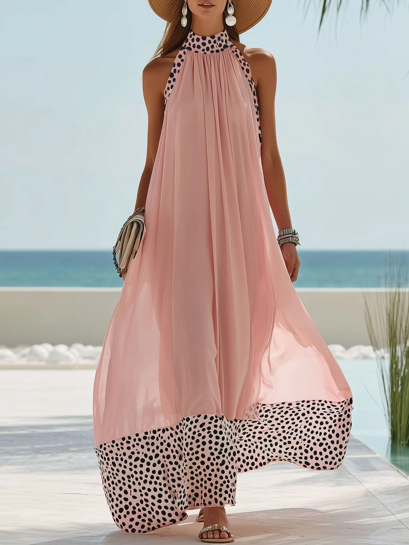 Women's Spring & Summer Halter Sleeveless Smocked-Waist Dress | Polka *  Showcasing Fresh * * Relaxed Occasions Like Daily * and Casual Vacations
