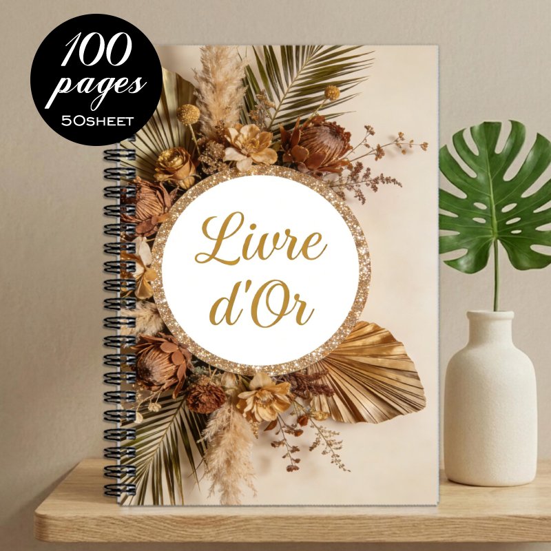 TEMU 1pc Carnet Spirale Journal Esthétique 'Invités Livre de pour Mariage Réception Livre de Messages, Thème Boho Fleurs Séchées Paillettes Dorées