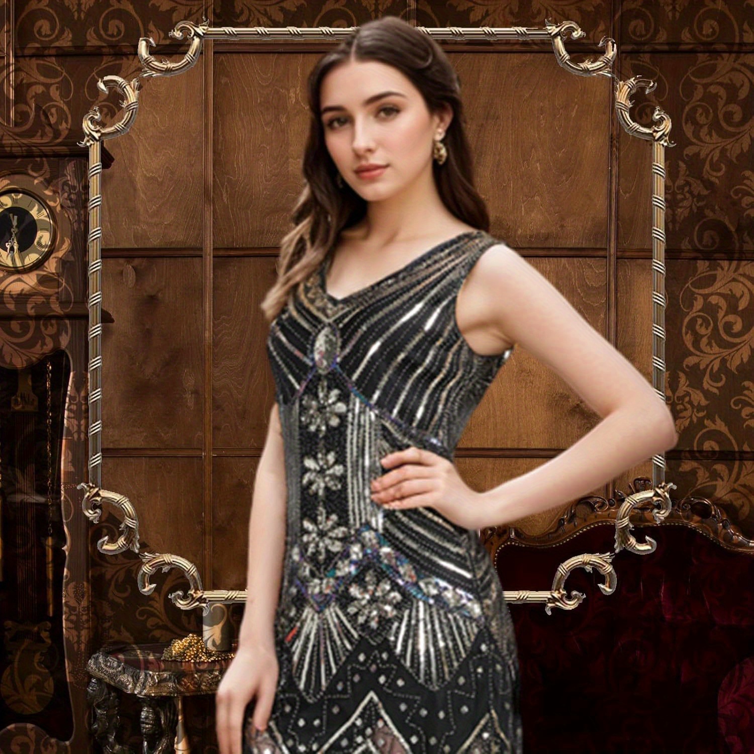 vestido com decote em v e franjas de lantejoulas     1920 com conjunto de acessórios     20 detalhes 0