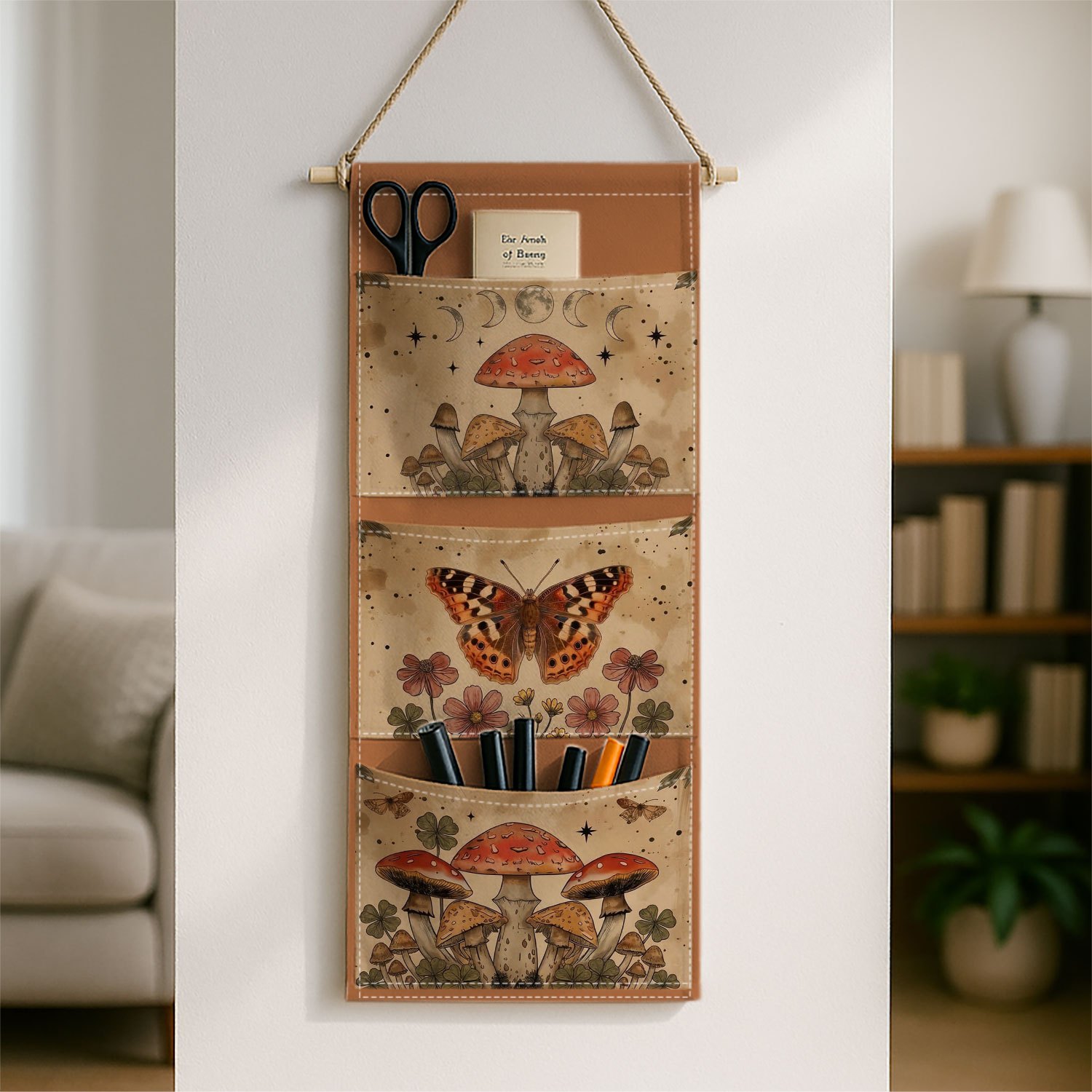 TEMU 1pc Vintage Botanical Art Wall Hanging Storage Bag Mushroom Floral Print|hanging Organizer Additions, Dinnerware, Toiletries, Wardrobe, And Home