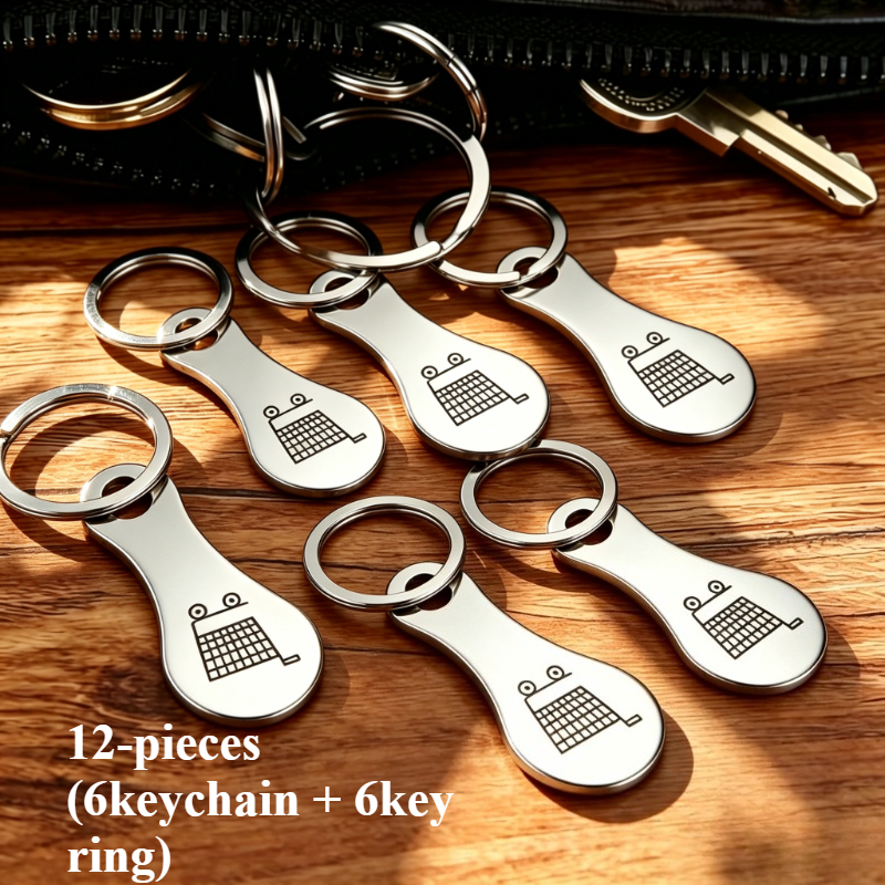 TEMU 12pcs Set (6keychain   6key Ring) Of Stainless Steel Shopping Cart Keychains With Shopping Cart Logo Pattern, Classic, Stylish And Minimalist