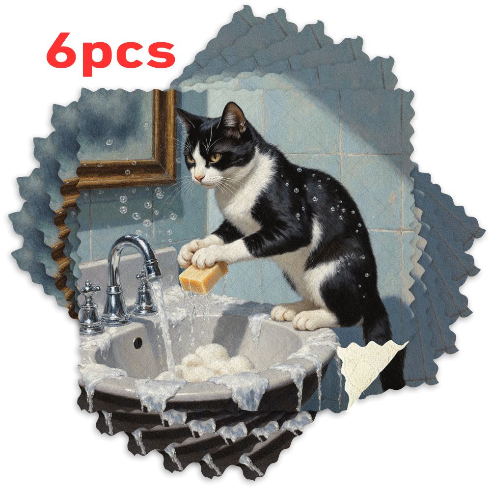 E-shop Ein Set aus 6 Küchentüchern mit niedlichen Katzen-Cartoon- und Graffiti-Designs, wiederverwendbare Reinigungstücher aus ultrafiner Mikrofaser.