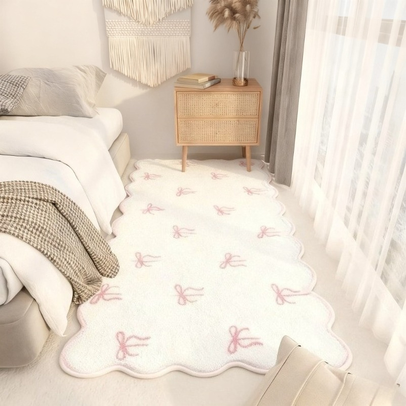 TEMU Faux Cashmere 1000g 10mm Easy Cute Living Room Carpet Pink Bow Bedroom Decor Dressing Table Carpet Large Area Living Room Thickened Carpet Wavy
