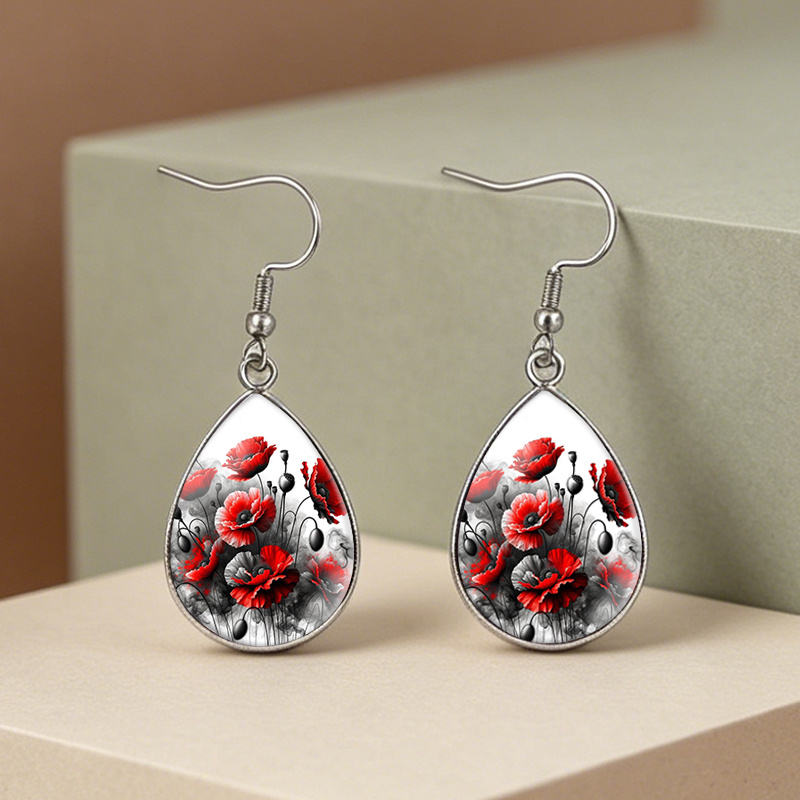 TEMU 1 Paire de Boucles d'Oreilles en Cabochon de Verre de Style Encre Coquelicot Rouge, Bijoux de Mode, Cadeau