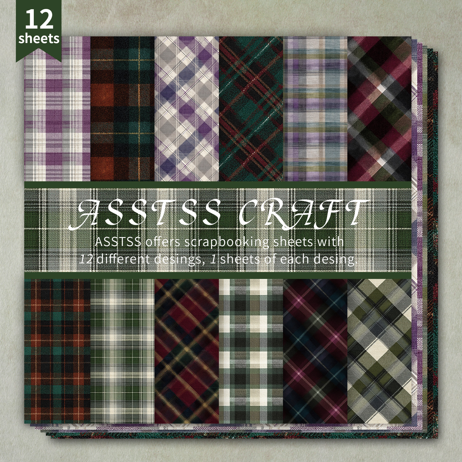 TEMU Bloc de papier de scrapbooking ASSTSS de 12 feuilles, papier de base à motif tartan à carreaux, papier cartonné épais pour journaling, art de