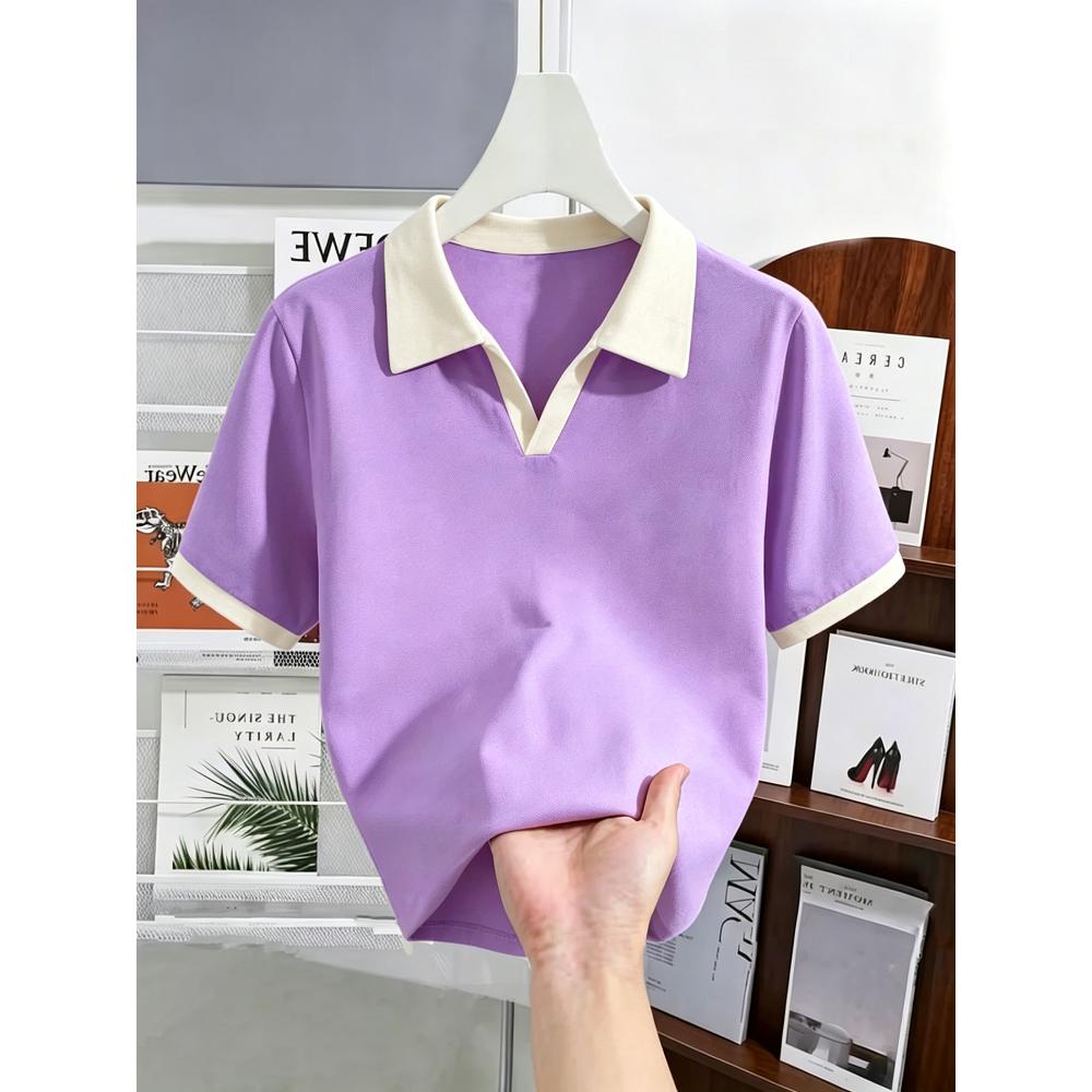 Women's Fashion Casual Spliced Polo Collar T-Shirt - Short Sleeve Loose Polo Collar Pullover, Micro-Stretch Comfortable Top with Textured Design, Soft Fabric, Elastic Casual Top