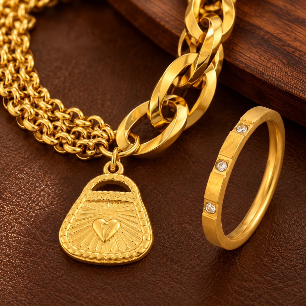 2pc Women's Heart Lock Bracelet & Zirconia Ring Set