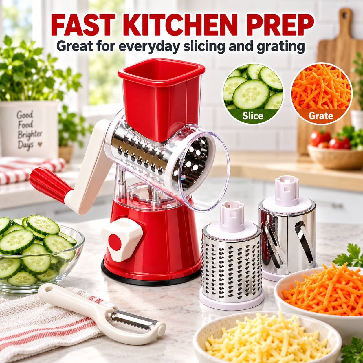 3 in 1 manual rotary grater hand crank cheese and vegetable slicer with 3pcs stainless steel drums suction base kitchen food prep tool Product details 6