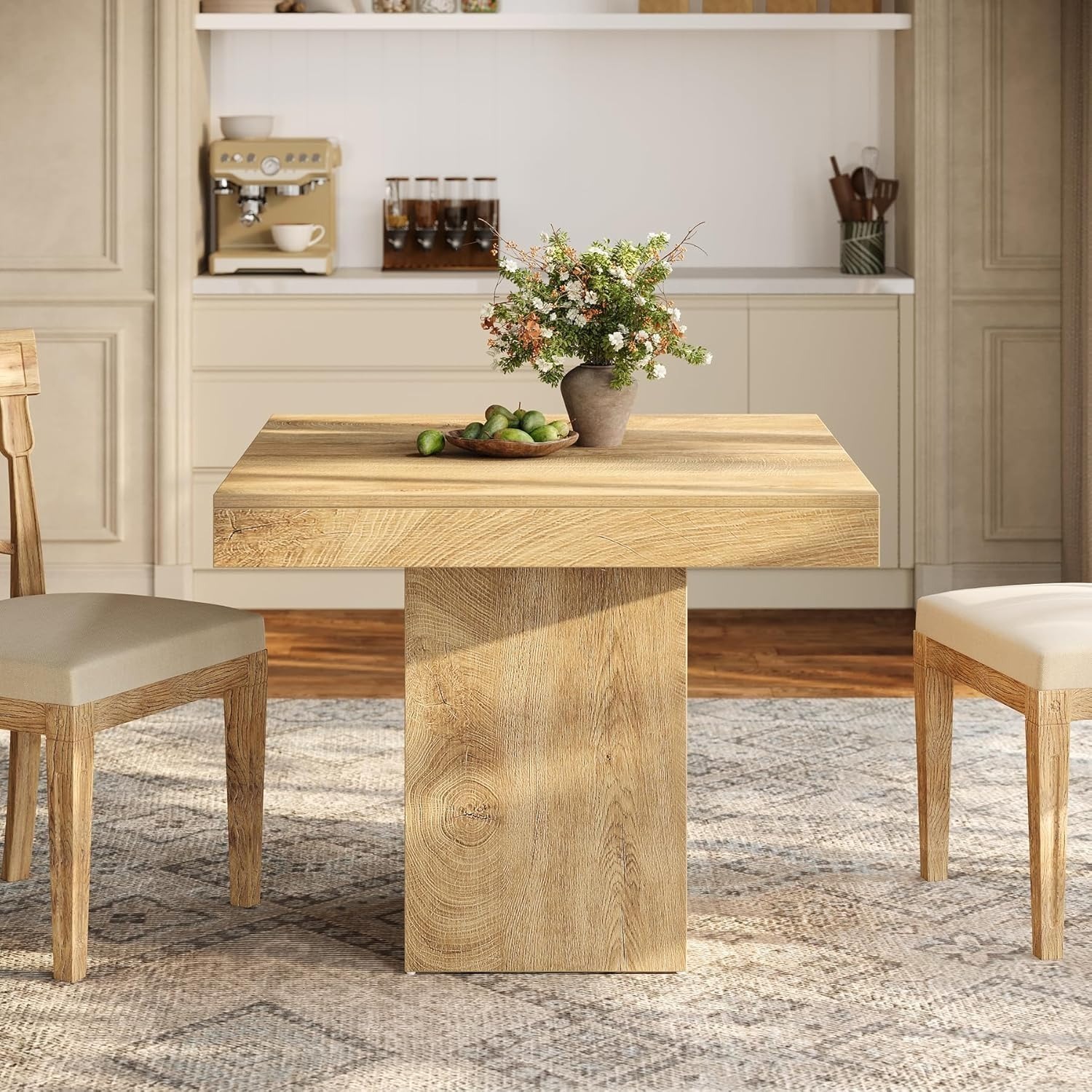 Image of 39-inch Square Dining Table For 4, Farmhouse Small Kitchen Dinner Eating Table With Sturdy Pedestal Base, Wooden Dining Room Furniture For Dining Room, Kitchen, Apartments (natural)