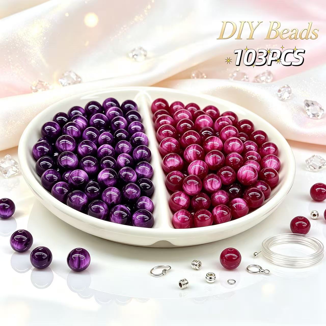 TEMU 103pcs Mixed Assorted Purple And Rose Red 's Eye Beads, Making Supplies, Diy Beading, Handmade Crafts, Decorative Items, Suitable For Keychains,