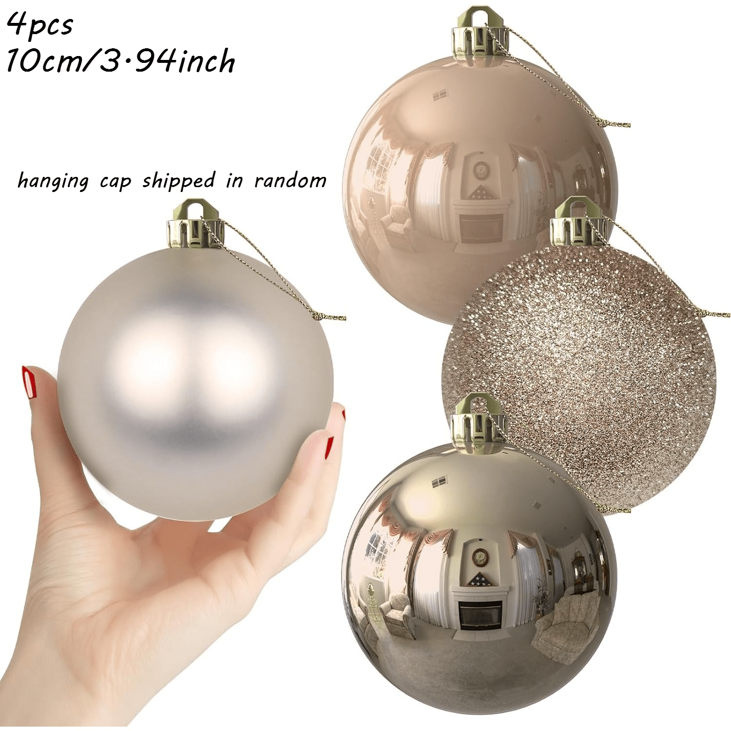 TEMU 4pcs, 10cm Champagne-colored Christmas Ball Pendants, Various Styles Of Large-sized Christmas Tree Decoration Balls, Christmas Ball Ornaments