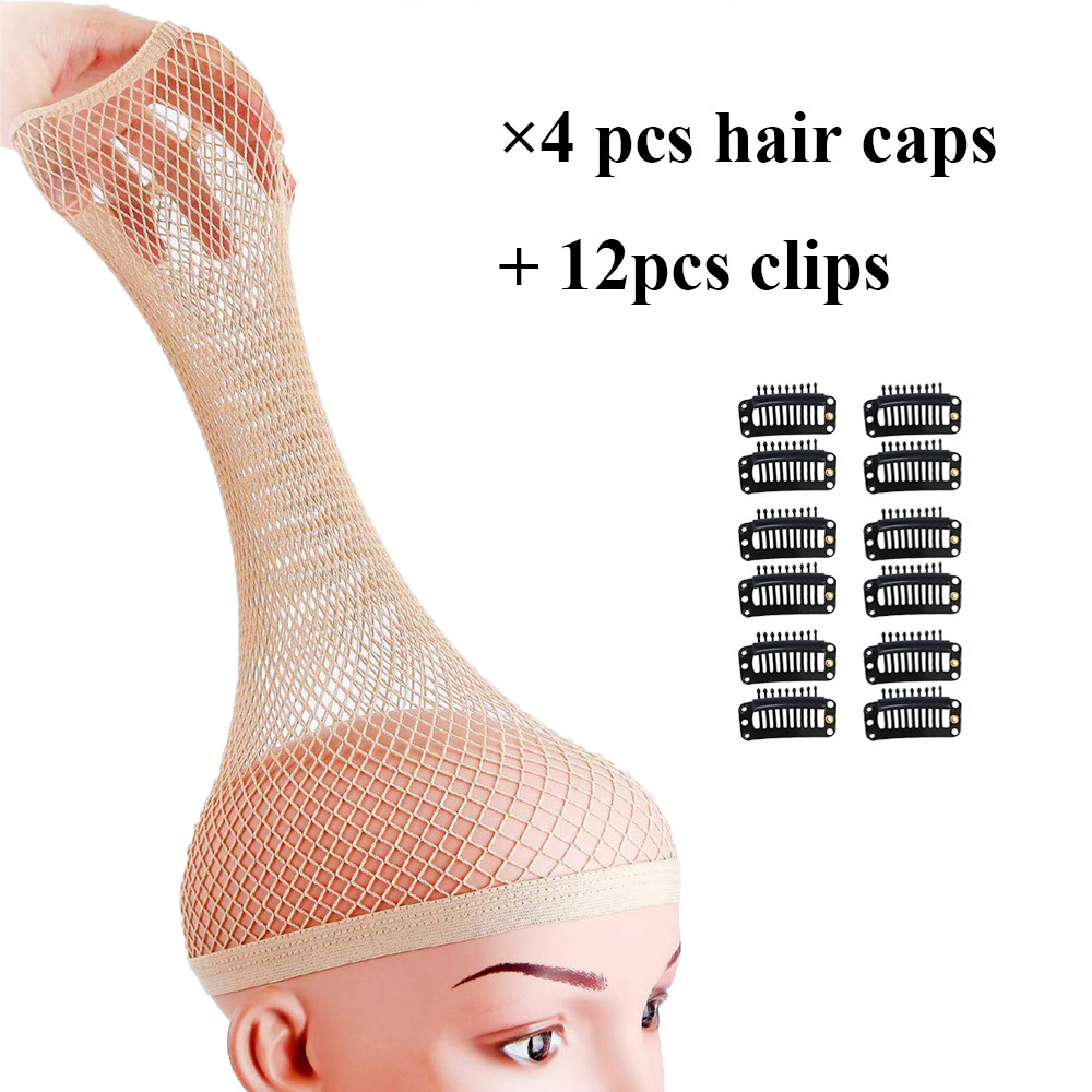 TEMU Lot de 4 bonnets à cheveux en résille beige et 12 pinces métalliques à 9 dents Dreamlover, bonnets pour débutants, ajustement parfait pour