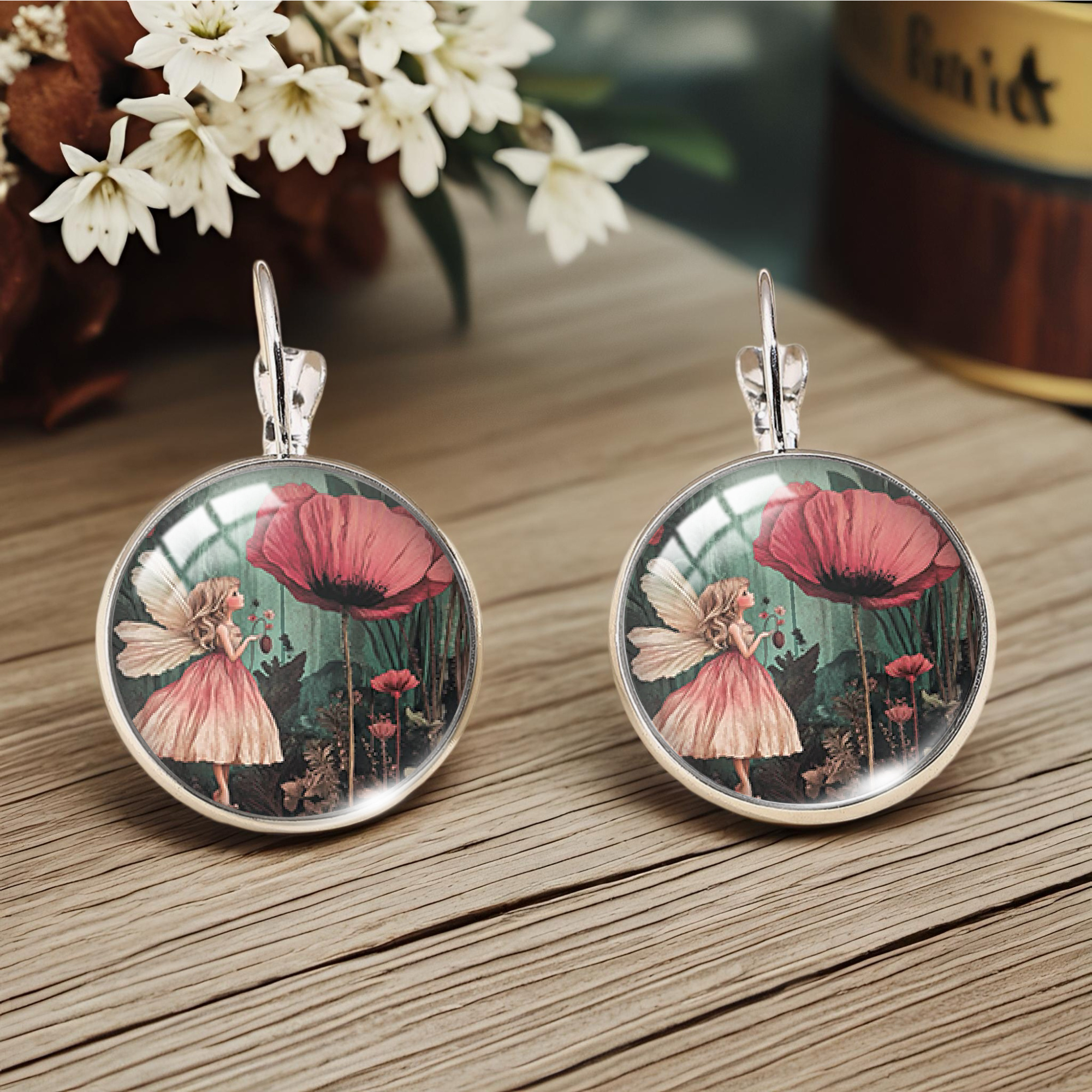 TEMU Modische Mohnblumen- Feen-Illustrationen im schlichten Stil, runde Glasohrringe, modischer Schmuck, Geschenke