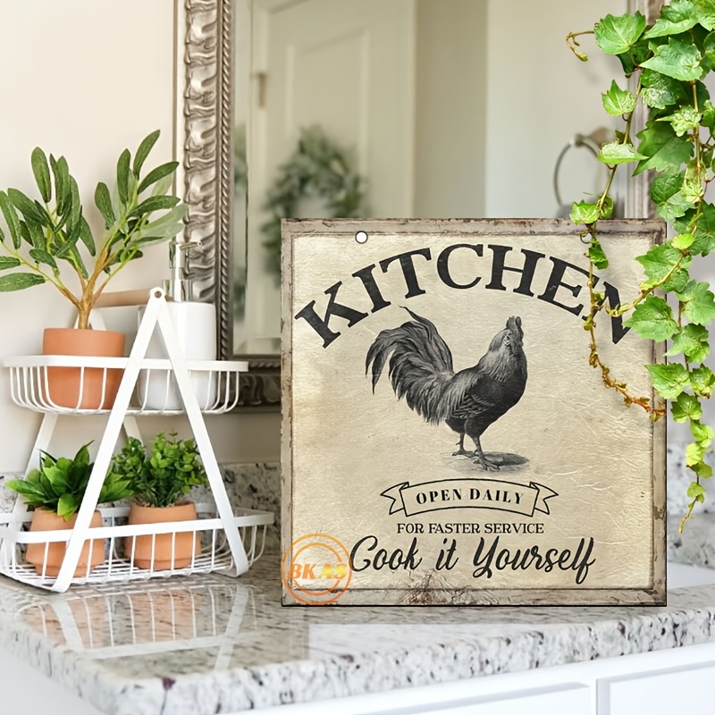 TEMU 2d Flat - 2d Plane - Country Style Wooden Wall Hanging Chicken, Retro Farmhouse . It Adopts Distressed Wooden Frame And Jute Rope Hook, Which Is