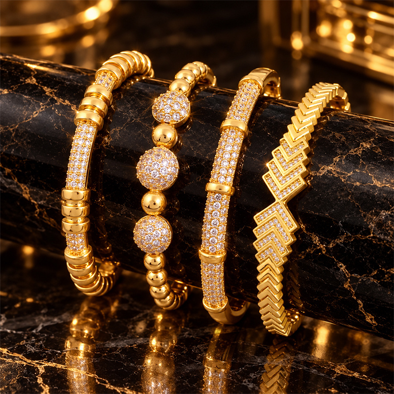 Unique V-pattern 4pcs Bangle Set, Mixed Bead & Inlaid Design