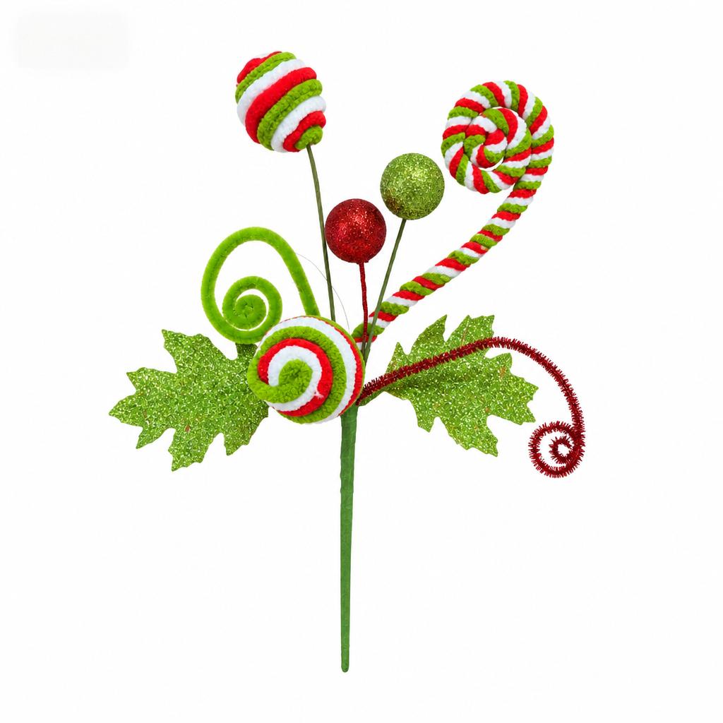 TEMU Artificial Christmas Candy Cane Pick Glitter Maple Leaf Swirl Lollipop Decor Stem For Xmas Tree Vase Floral Arrangement Decoration