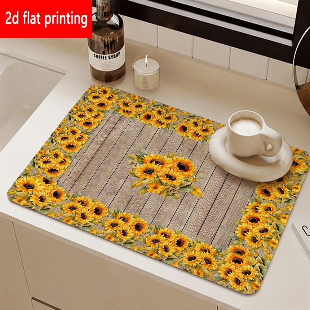 TEMU 2d Flat Printed, 1pc, Rustic Sunflower Absorbent Placemat, Featuring Khaki Distressed Base Color Surrounded By A Border Of Blooming Yellow