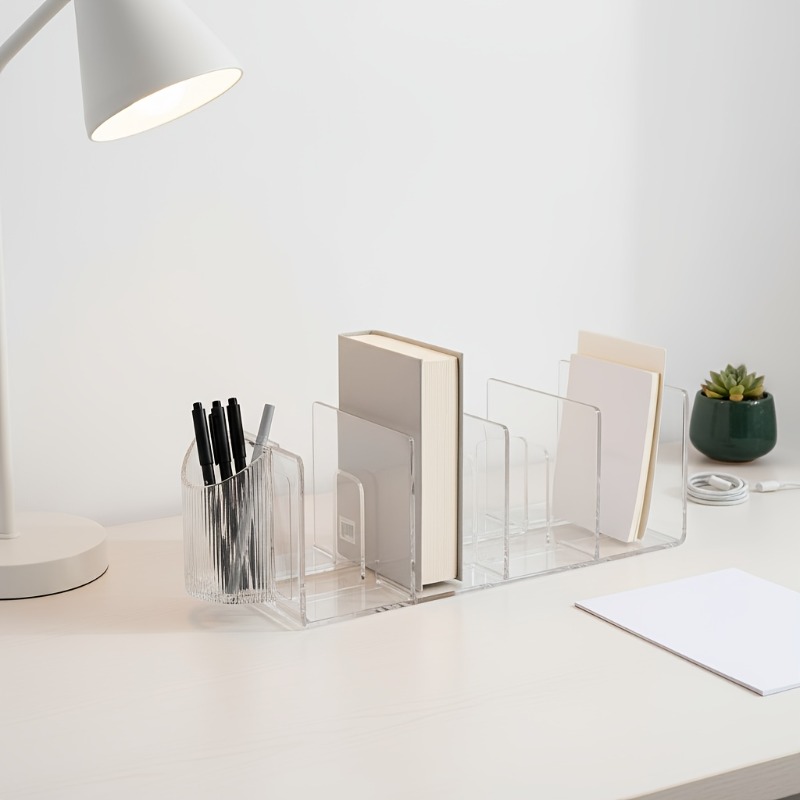 Multifunctional Desktop Organizer Bookend, Transparent Acrylic with Compartments