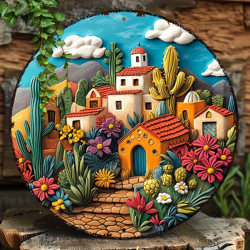 

Vibrant Mexican Scene Aluminum Wall Art - 8" Round, Weather-resistant Metal Sign With Floral & Cactus Design For Kitchen, Office, Decor, 2d Printed, Decor