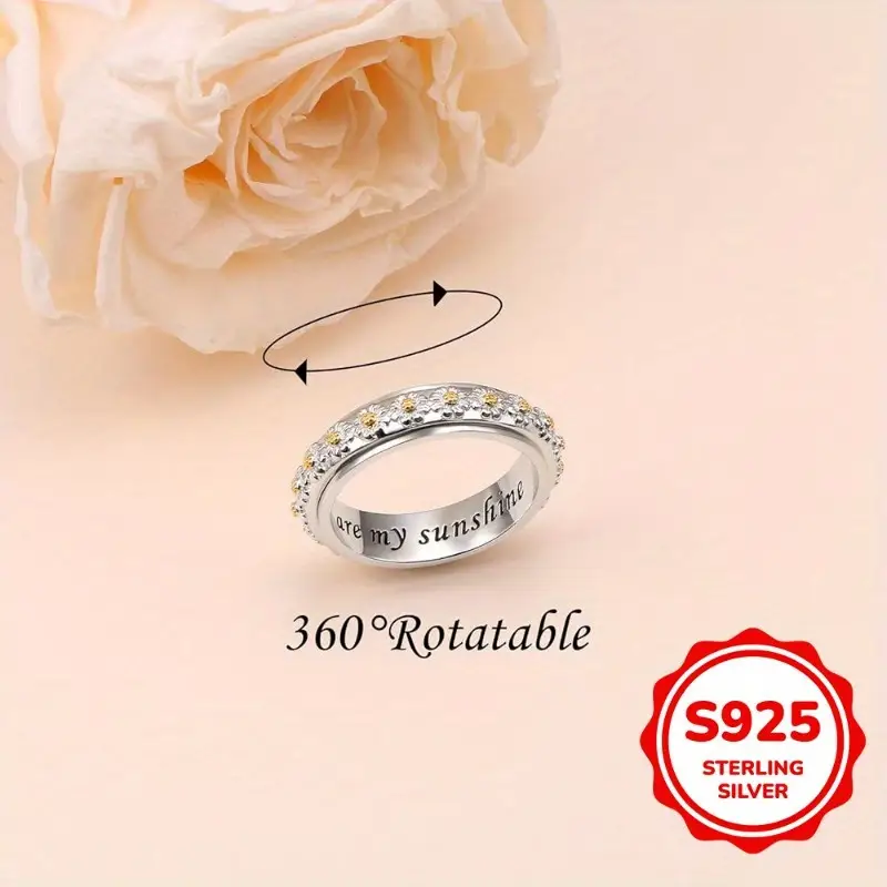 trendy rotatable anxiety rings two tone 925 sterling silver rings for women casual holiday daisy flower rings jewelry Product details 5