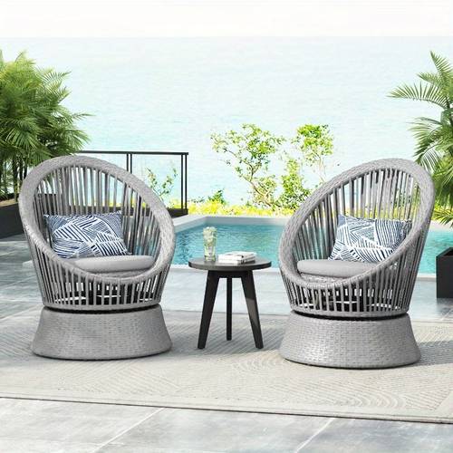 set of 2 26 7 modern swivel lounge chairs silvery grey pe rattan round design ideal for living room patio balcony relaxation