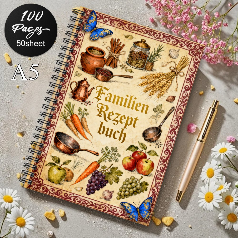 TEMU 1pc German Recipe And Kitchen Planner Book - Italian Cover Design (english Labeling) - Retro Spiral Bound Cookbook With Vegetable, Fruit
