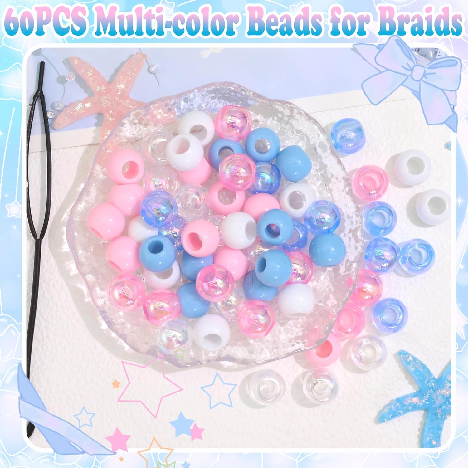 TEMU 60pcs Perles de Cheveux Bleu Rose 3 Couleurs Perles pour Iridescent Dreadlock Pony Perle Loc Bijoux Acrylique Cheveux Additions pour Femmes